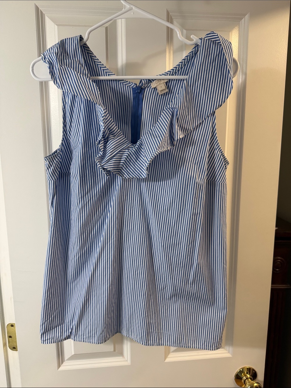 J. Crew Factory Blue Striped Ruffle Neck Sleeveless Top - Women